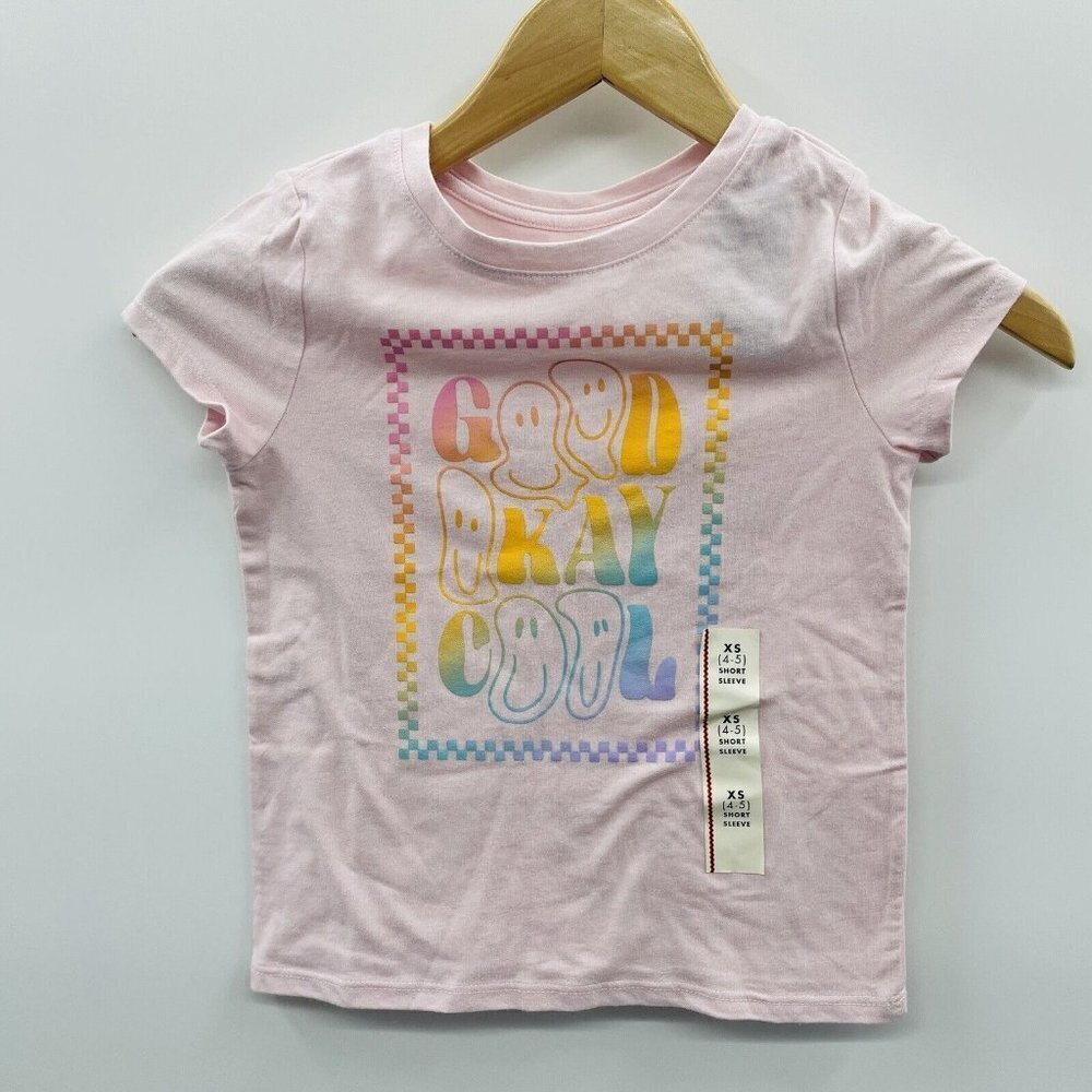Cat & Jack Girls Size XS 4/5 Short Sleeve Good‎ Okay Cool Graphic T-shirt 2477
